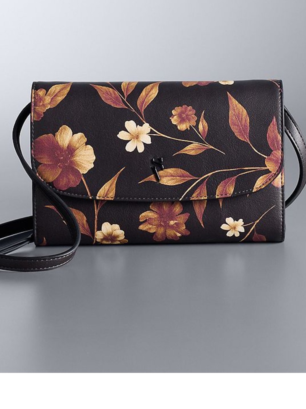 Simply Vera Vera Wang Black Floral Crossbody with Gold and Brown Accents